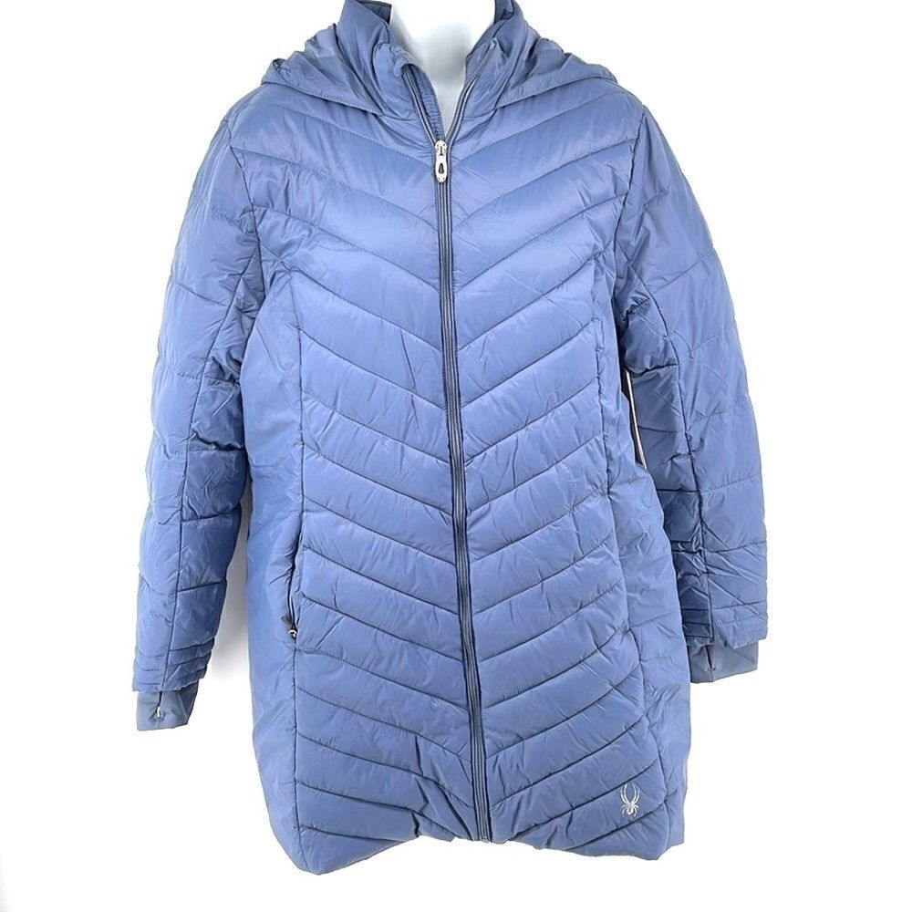 Spyder Boundless gray blue long line quilted thermal jacket coat hood NEW large